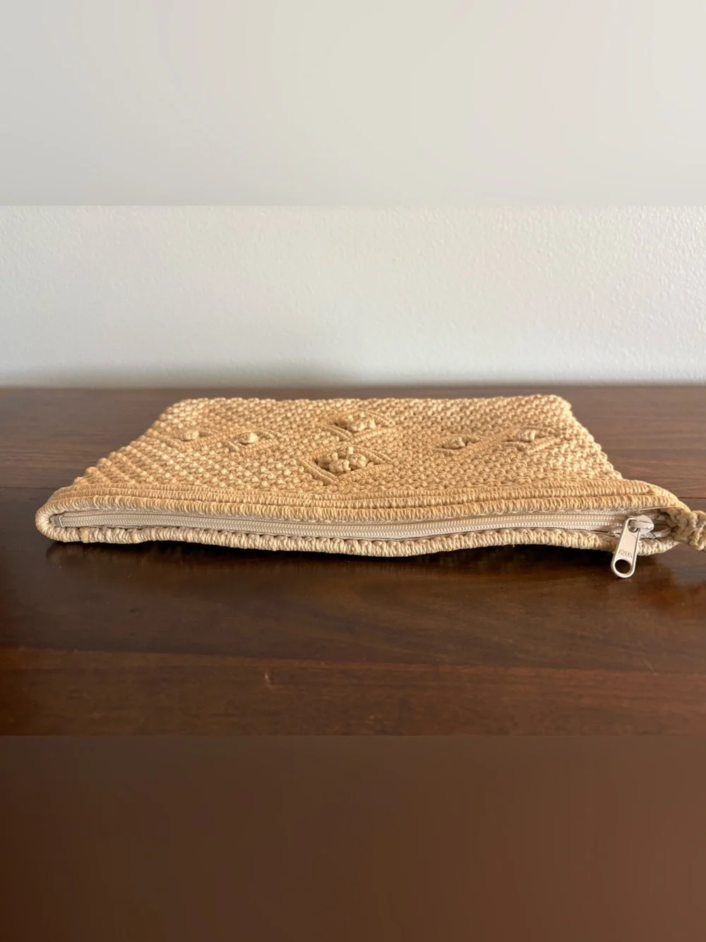 Vintage Crocheted Zippered Beige Clutch W/Wrist Loop Made People’s Rep Of China
